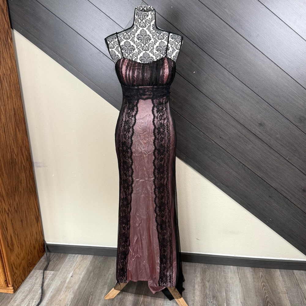 SCENE Vintage Y2K Lace Satin Maxi Dress Size 3 Pink Black Sheer Goth Fairy